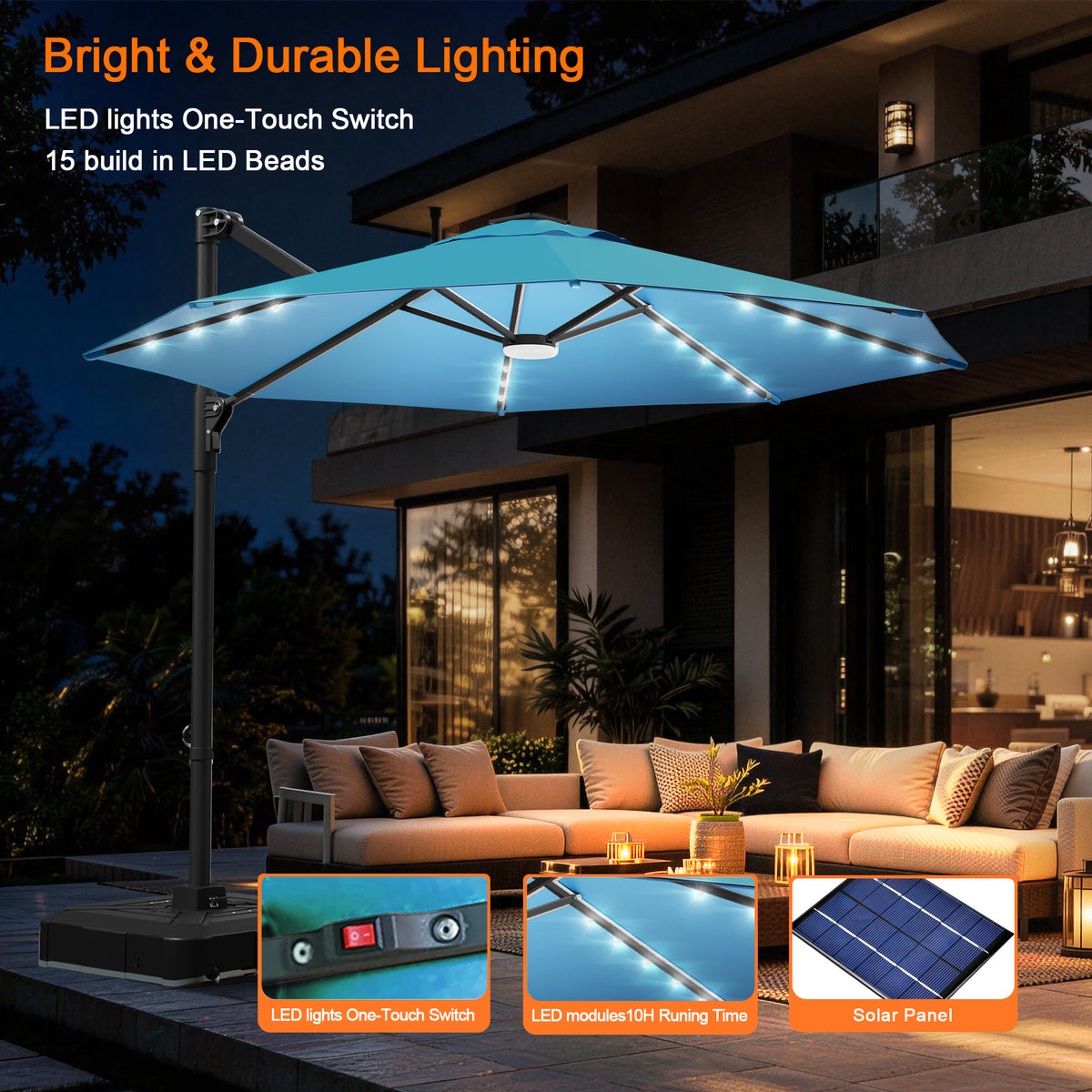Ombrellone decentrato rotondo da giardino con luci LED solari