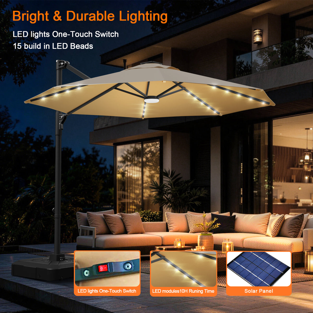 Ombrellone decentrato rotondo da giardino con luci LED solari
