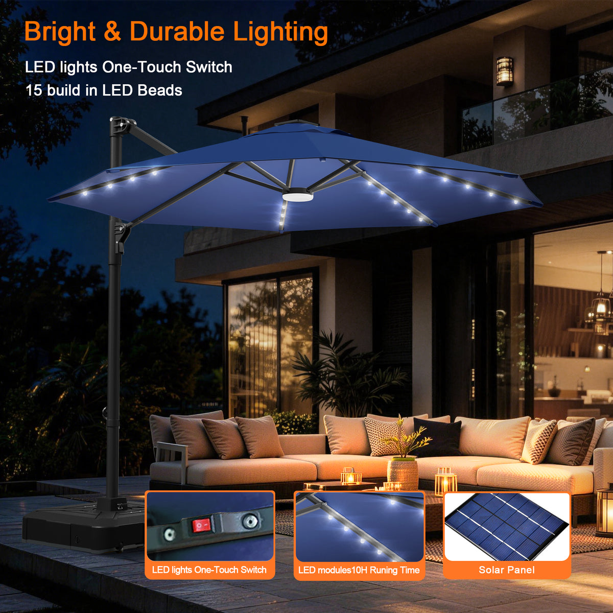 Ombrellone decentrato rotondo da giardino con luci LED solari