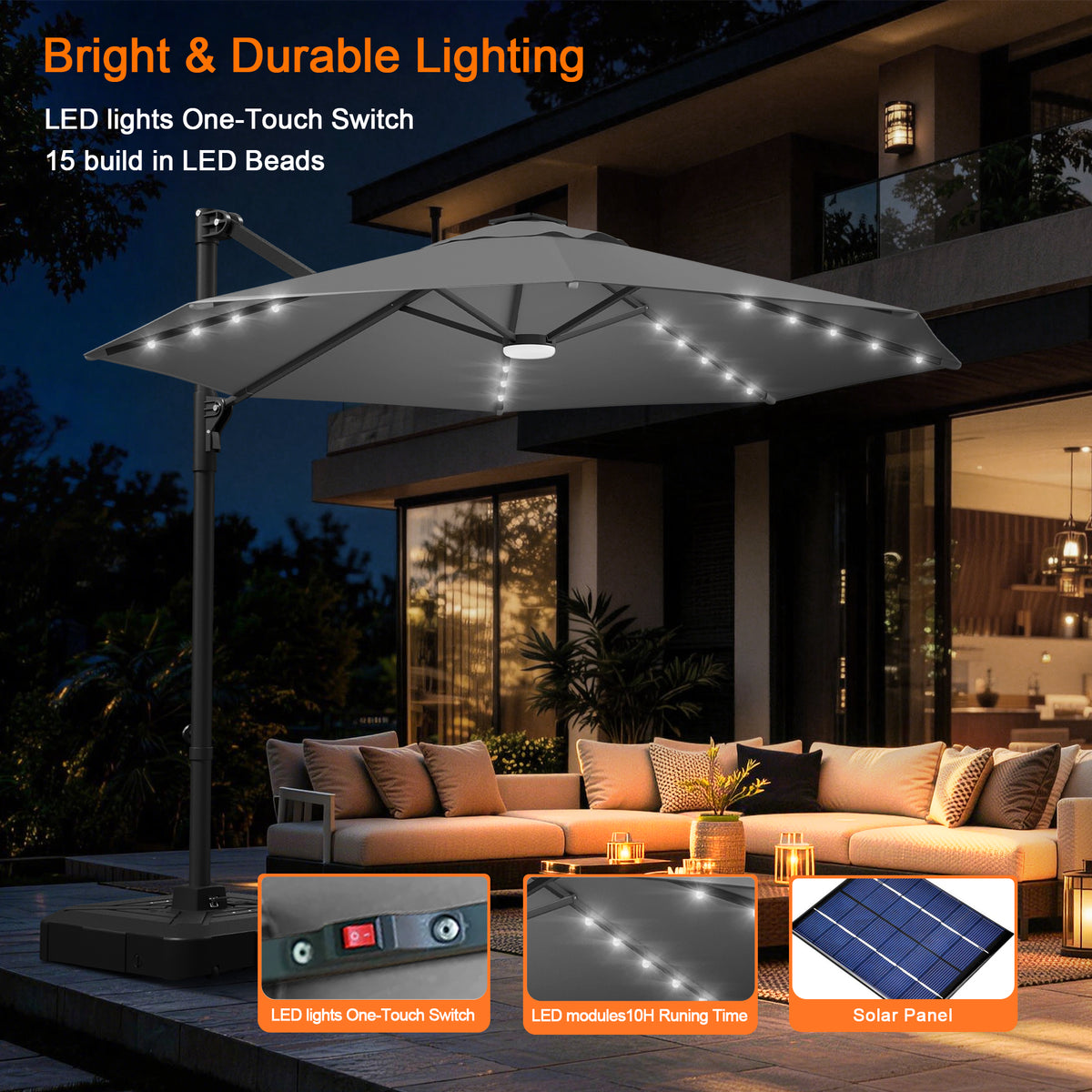 Ombrellone decentrato rotondo da giardino con luci LED solari