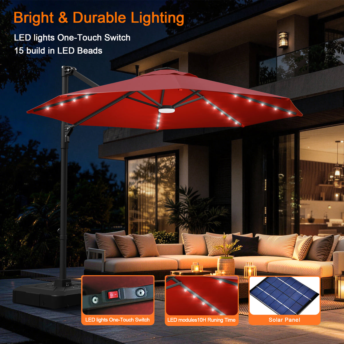 Ombrellone decentrato rotondo da giardino con luci LED solari
