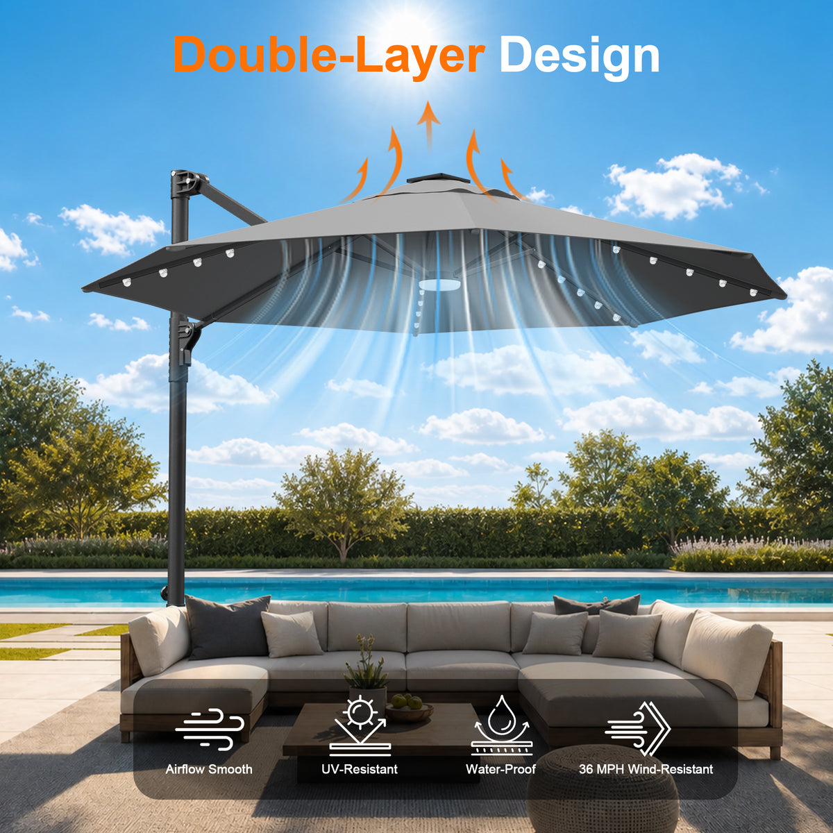 Ombrellone decentrato rotondo da giardino con luci LED solari