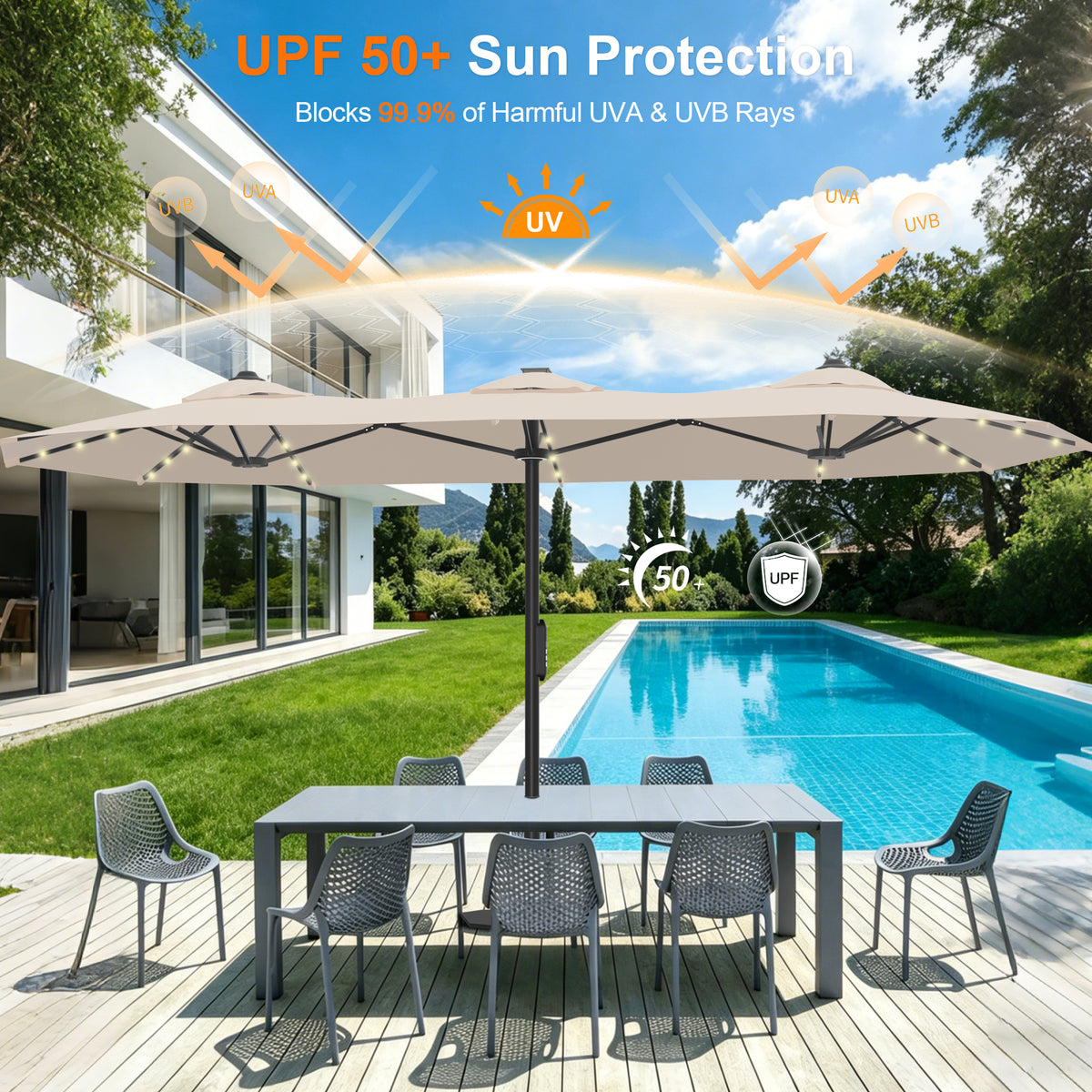 Ombrellone da giardino motorizzato 2,7×4,6 m con luci LED solari