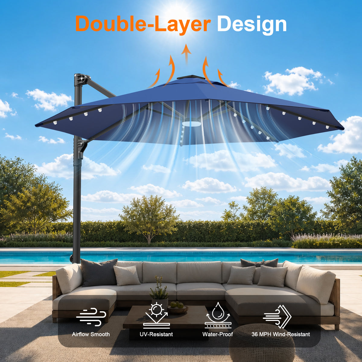 Ombrellone decentrato rotondo da giardino con luci LED solari