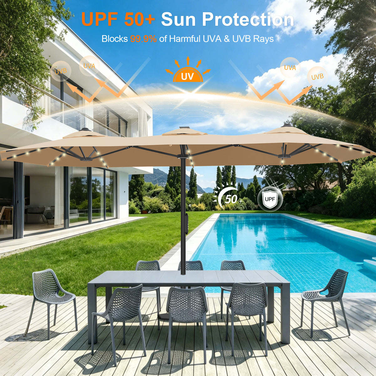 Ombrellone da giardino motorizzato 2,7×4,6 m con luci LED solari