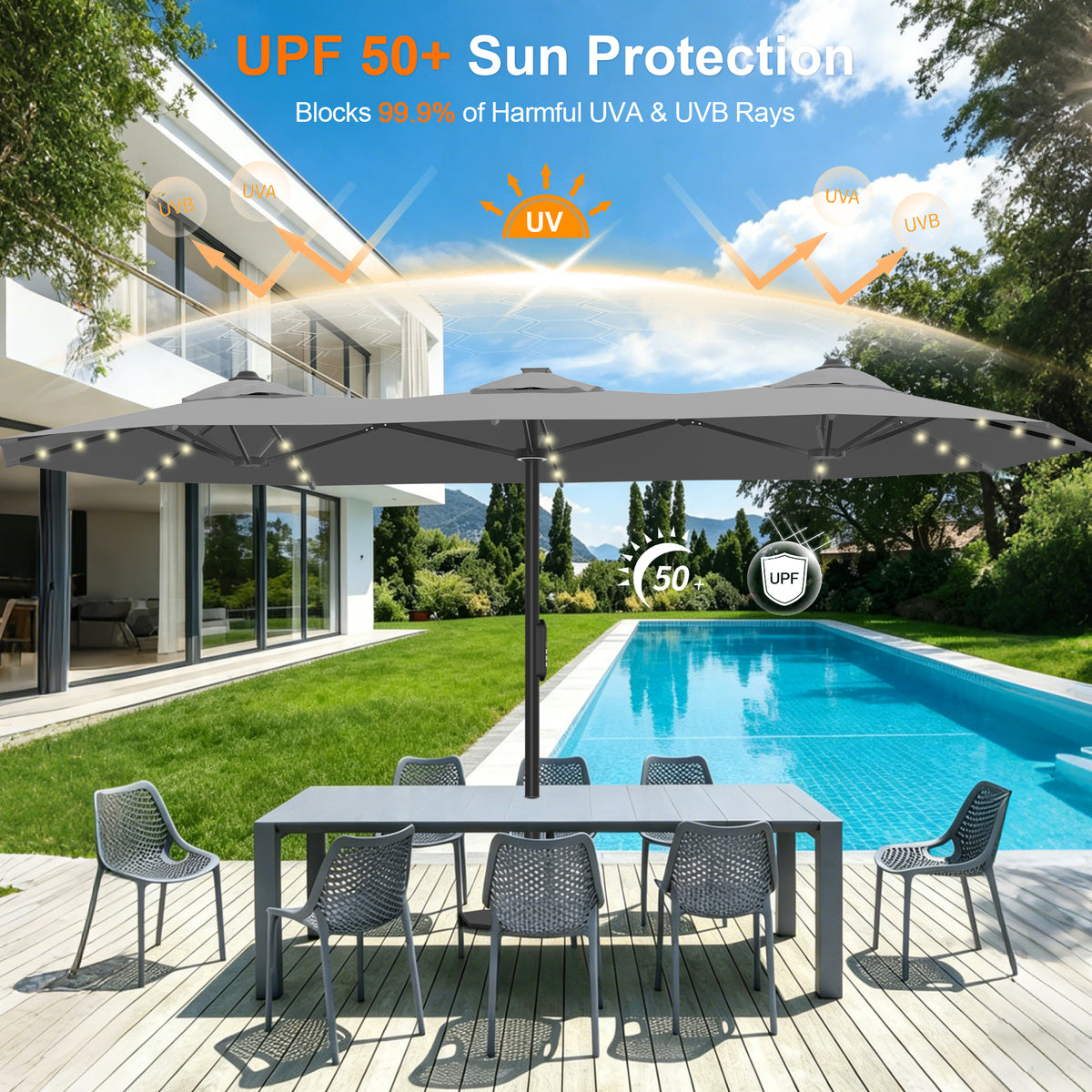 Ombrellone da giardino motorizzato 2,7×4,6 m con luci LED solari