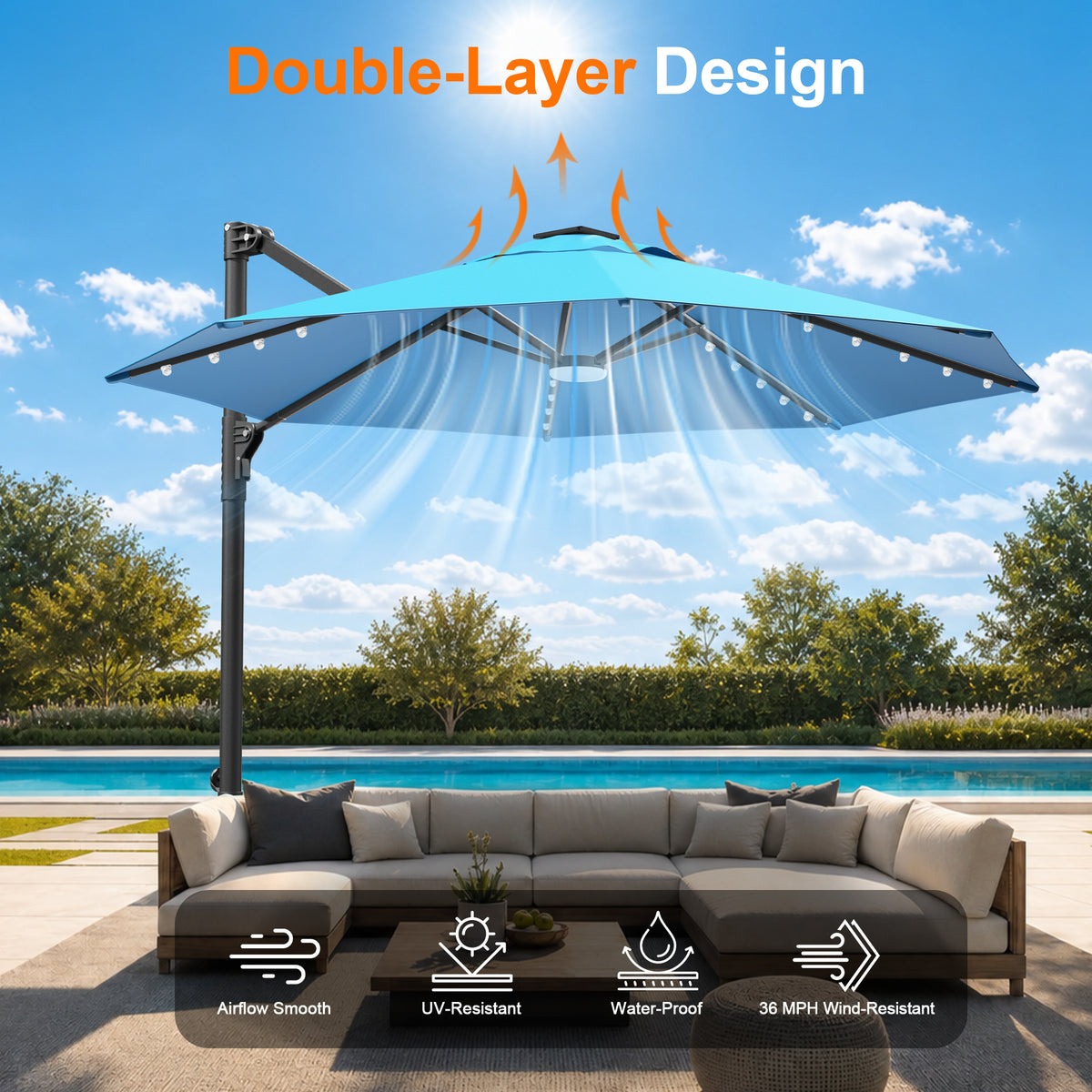 Ombrellone decentrato rotondo da giardino con luci LED solari