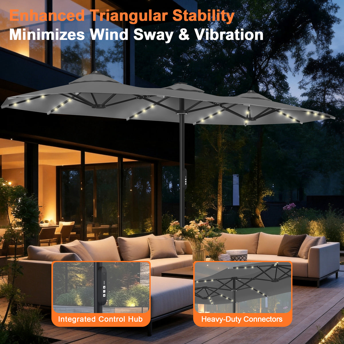 Ombrellone da giardino motorizzato 2,7×4,6 m con luci LED solari