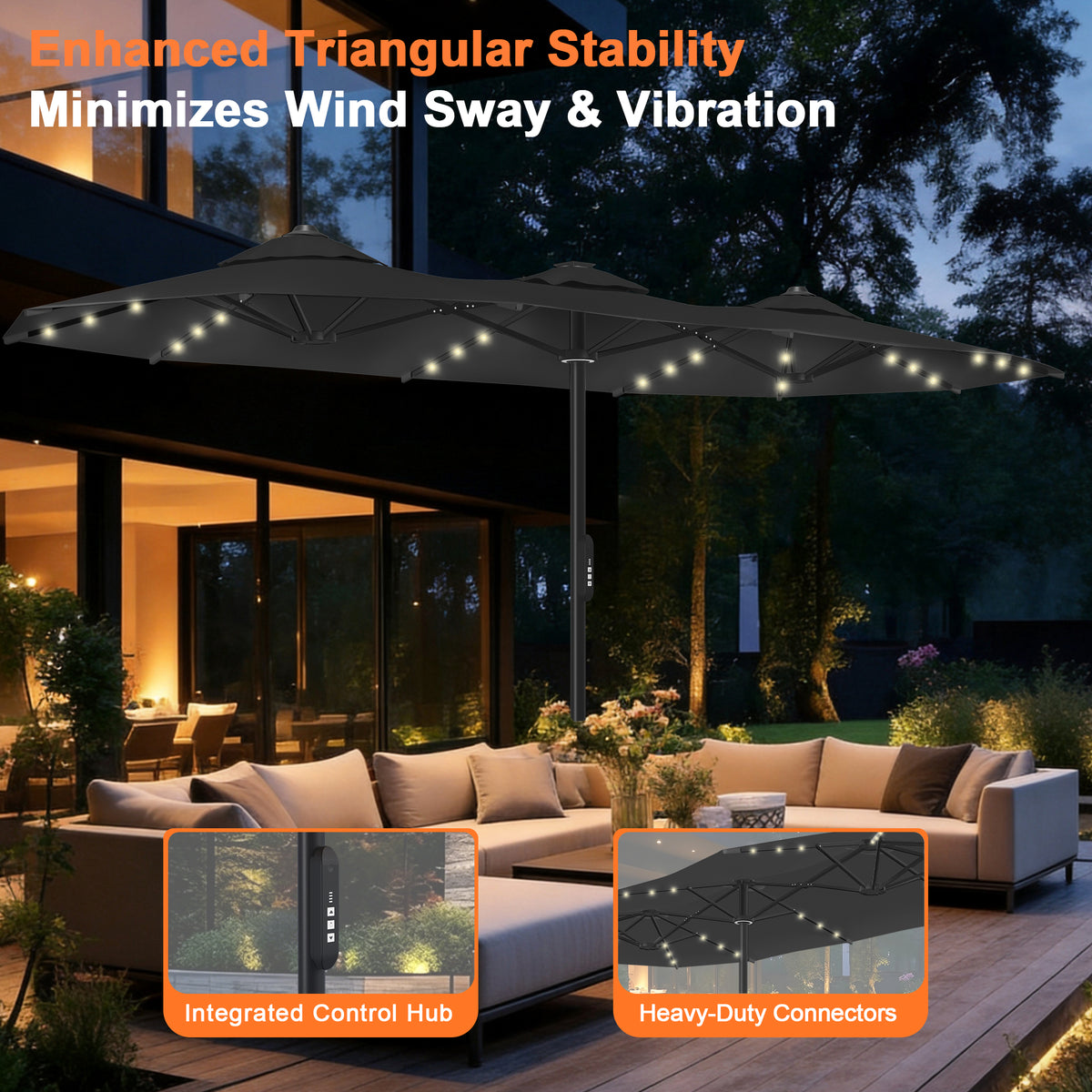 Ombrellone da giardino motorizzato 2,7×4,6 m con luci LED solari