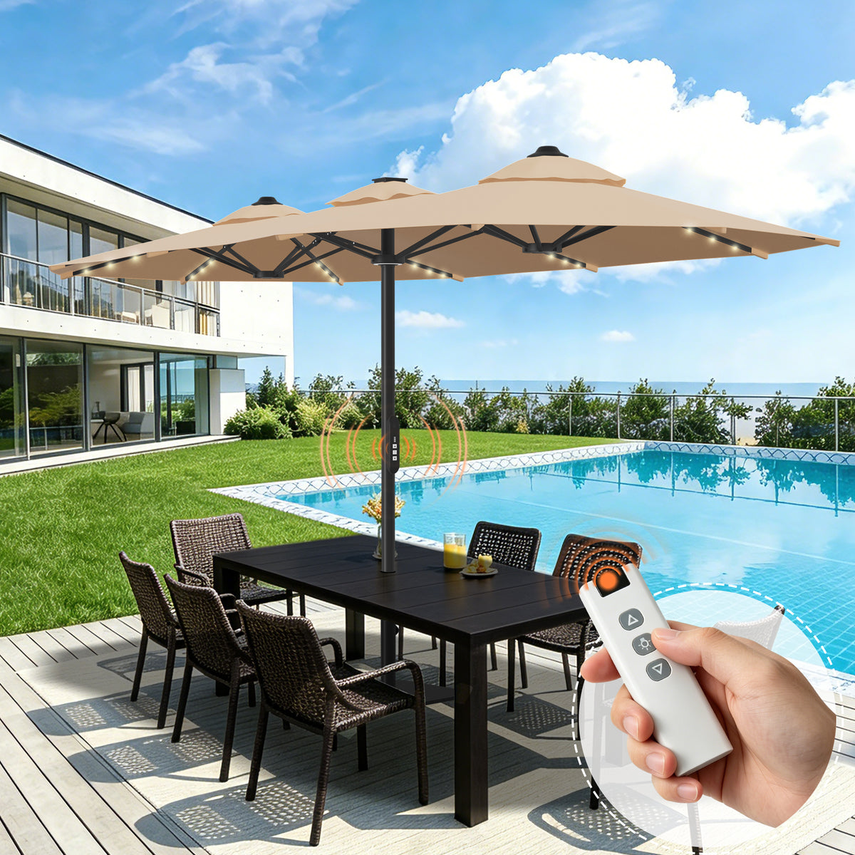 Ombrellone da giardino motorizzato 2,7×4,6 m con luci LED solari