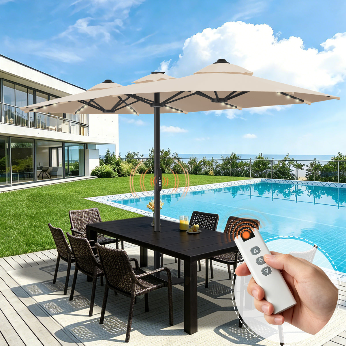 Ombrellone da giardino motorizzato 2,7×4,6 m con luci LED solari
