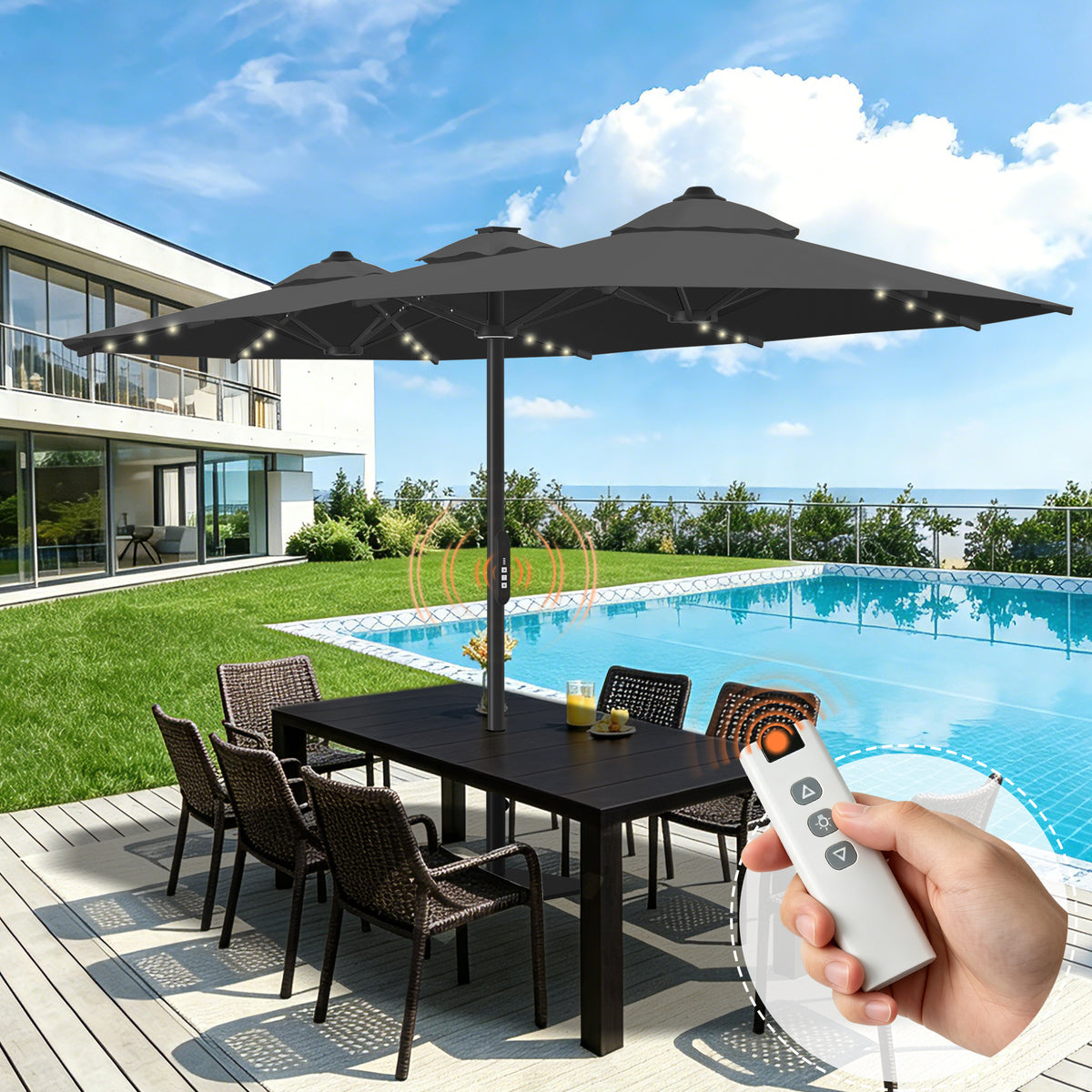 Ombrellone da giardino motorizzato 2,7×4,6 m con luci LED solari