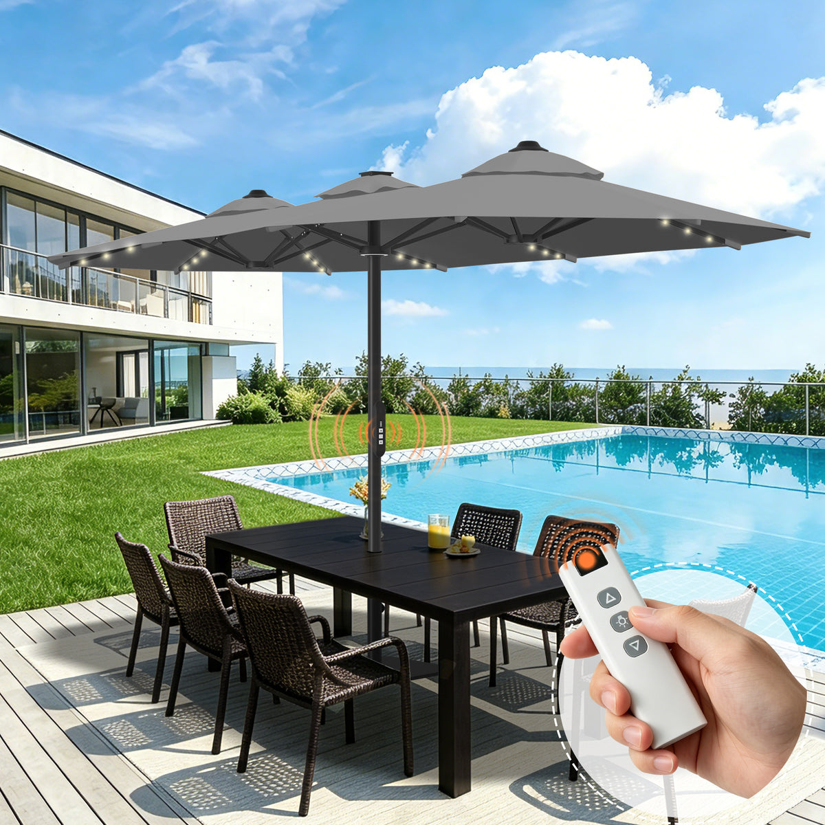 Ombrellone da giardino motorizzato 2,7×4,6 m con luci LED solari
