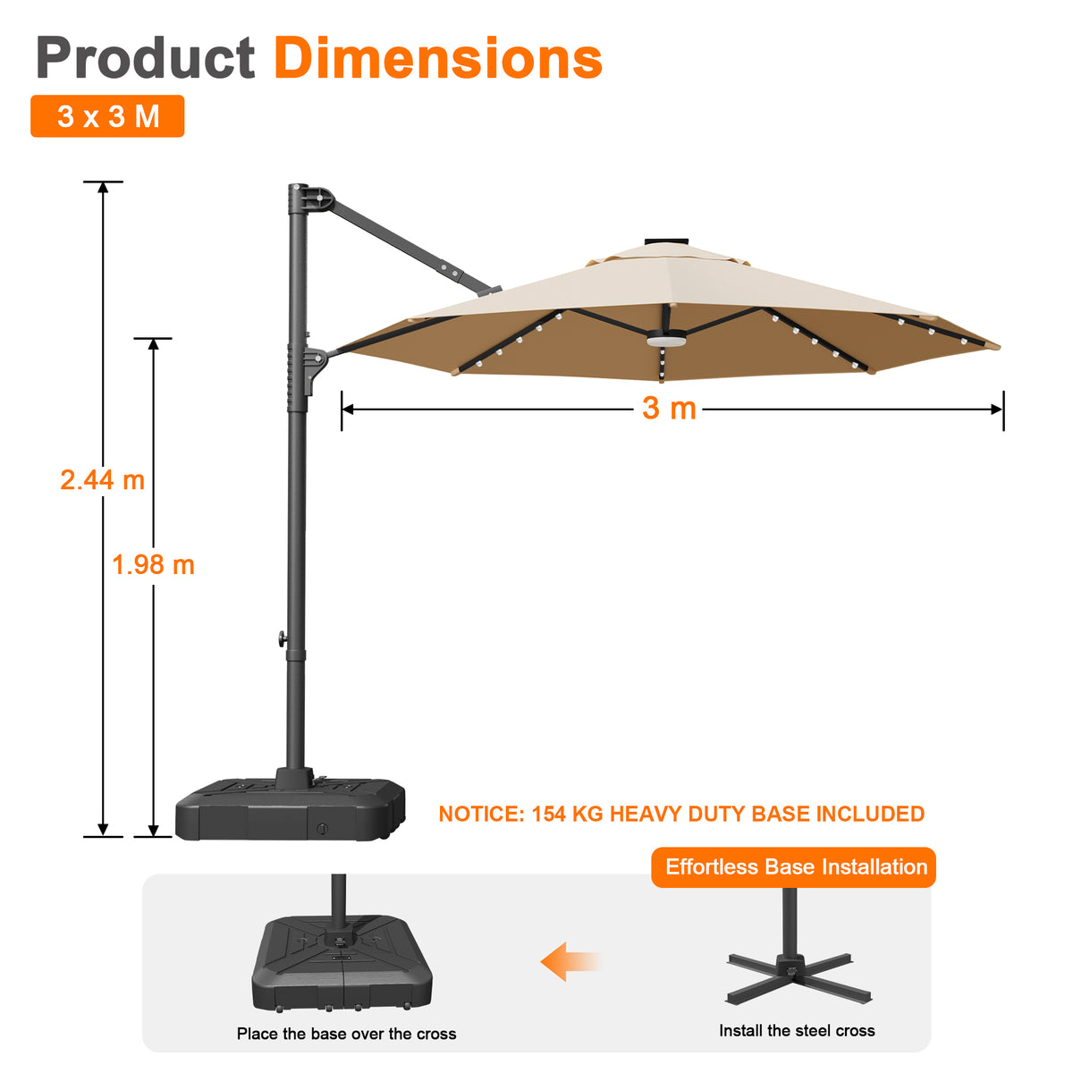 Ombrellone decentrato rotondo da giardino con luci LED solari