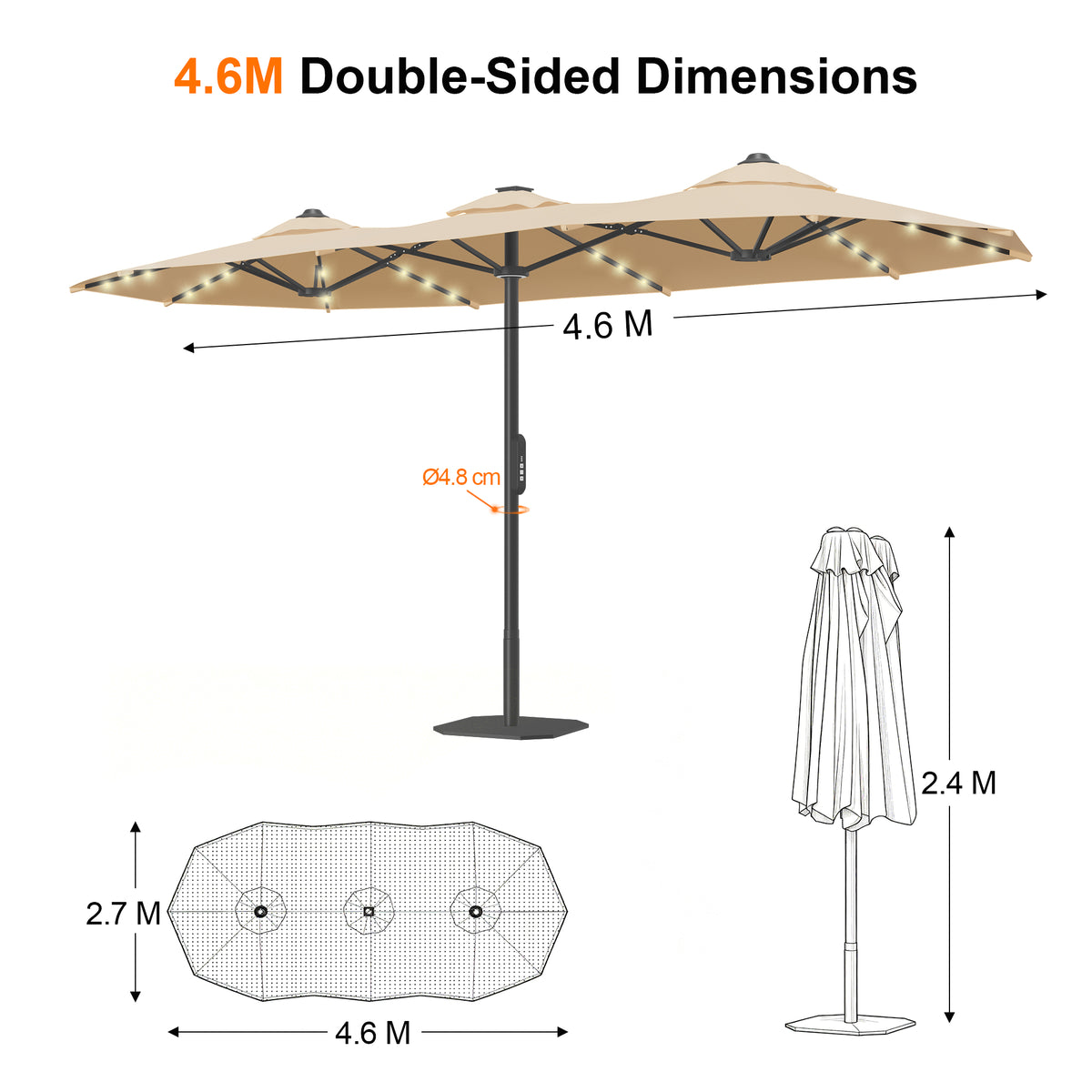 Ombrellone da giardino motorizzato 2,7×4,6 m con luci LED solari