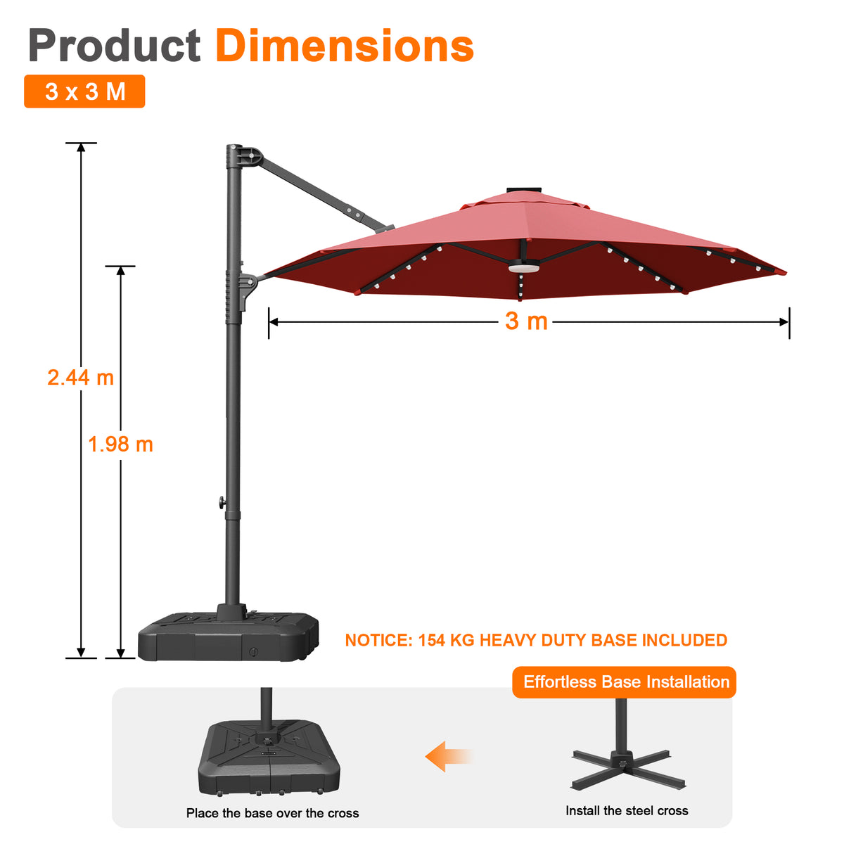 Ombrellone decentrato rotondo da giardino con luci LED solari