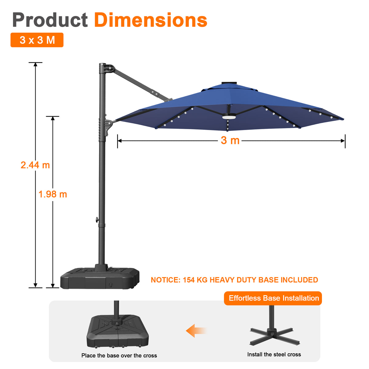 Ombrellone decentrato rotondo da giardino con luci LED solari