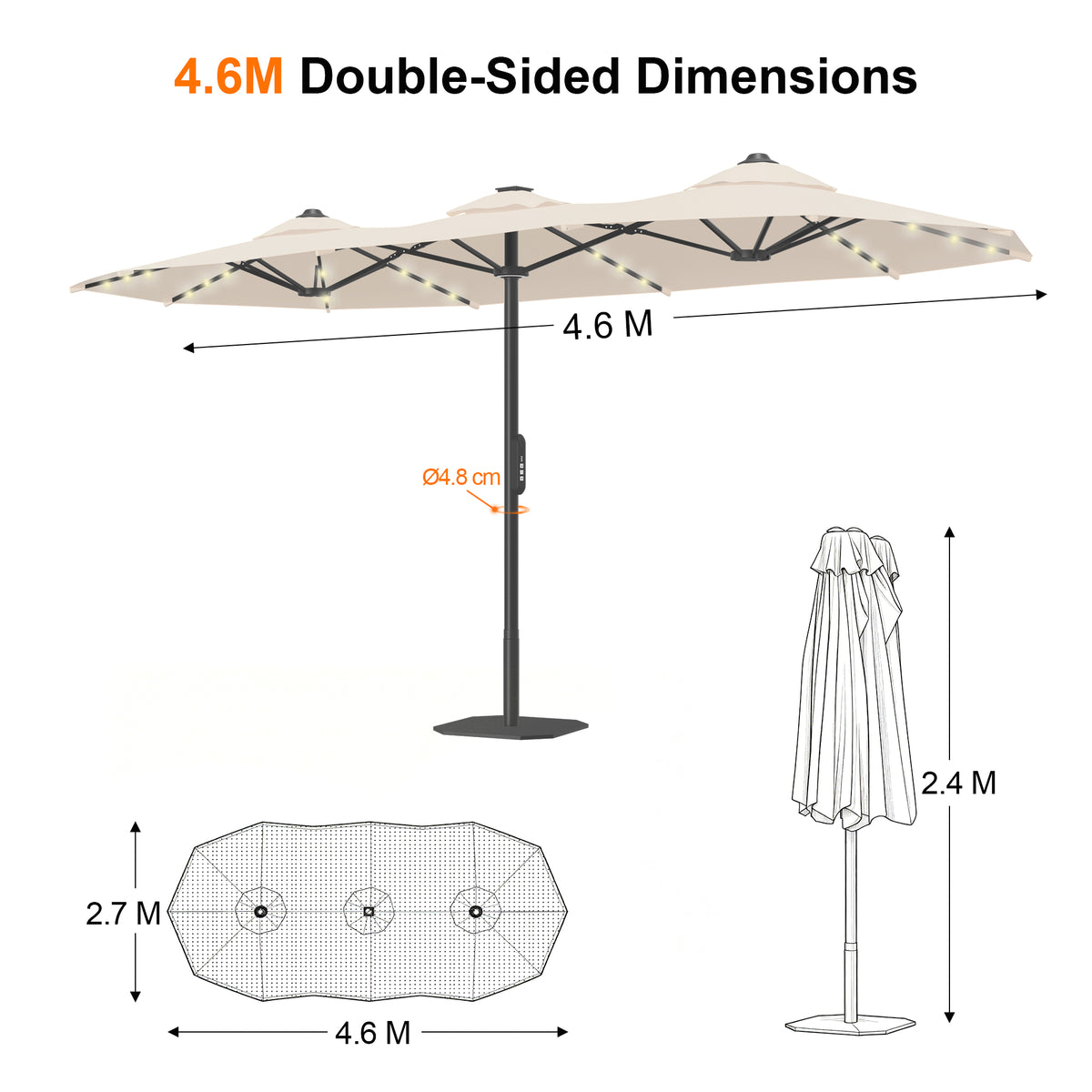 Ombrellone da giardino motorizzato 2,7×4,6 m con luci LED solari