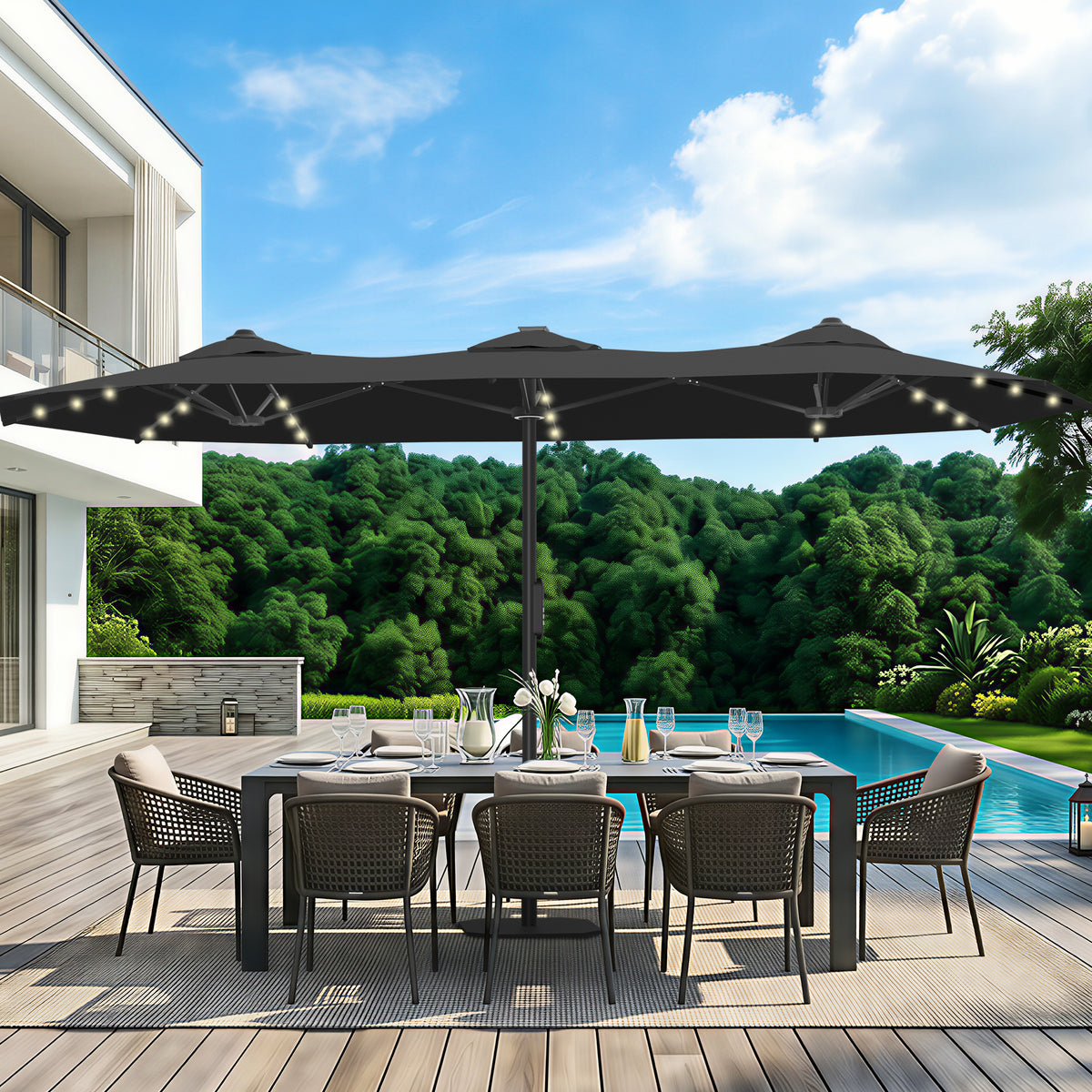 Ombrellone da giardino motorizzato 2,7×4,6 m con luci LED solari