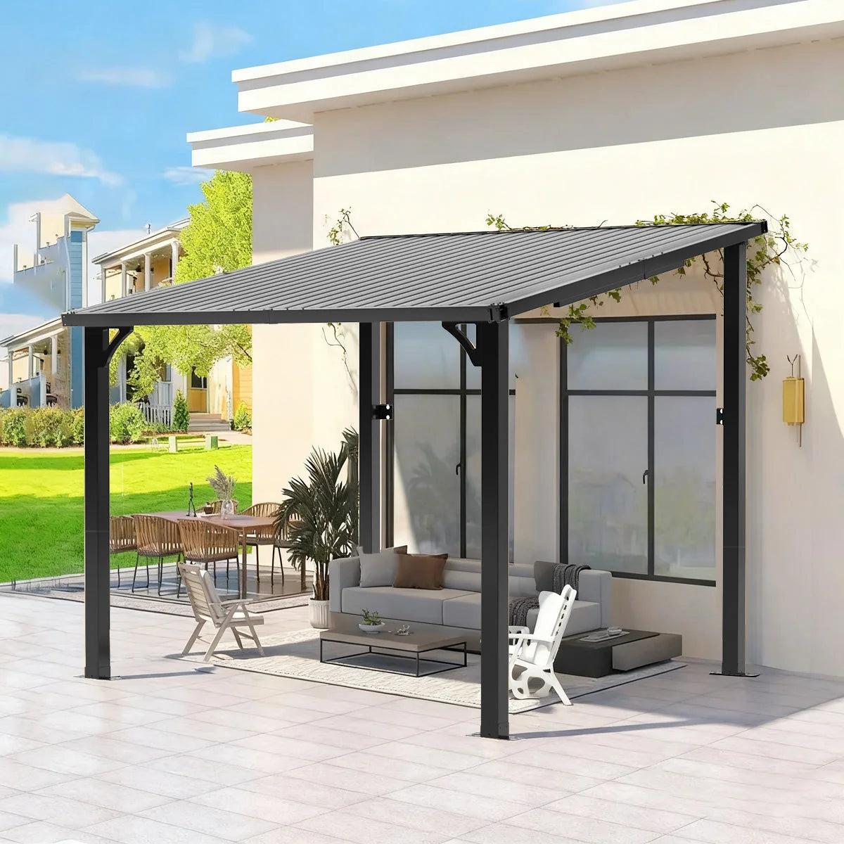 Gazebo addossato da giardino con tetto rigido in alluminio