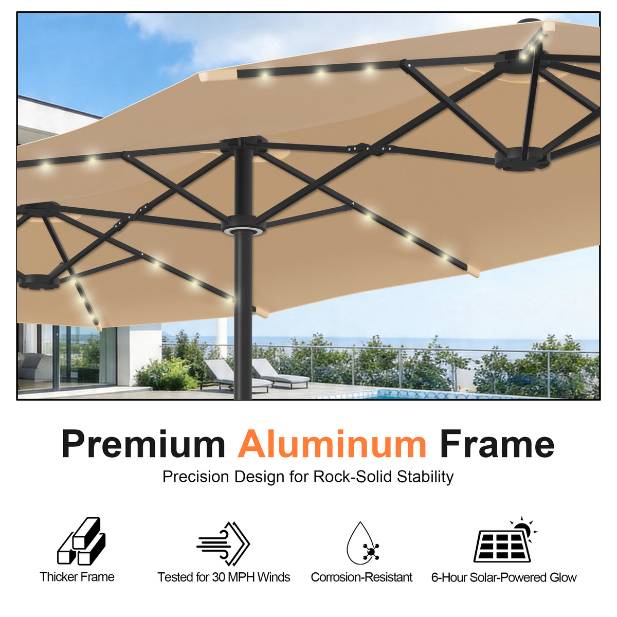 Ombrellone da giardino motorizzato 2,7×4,6 m con luci LED solari