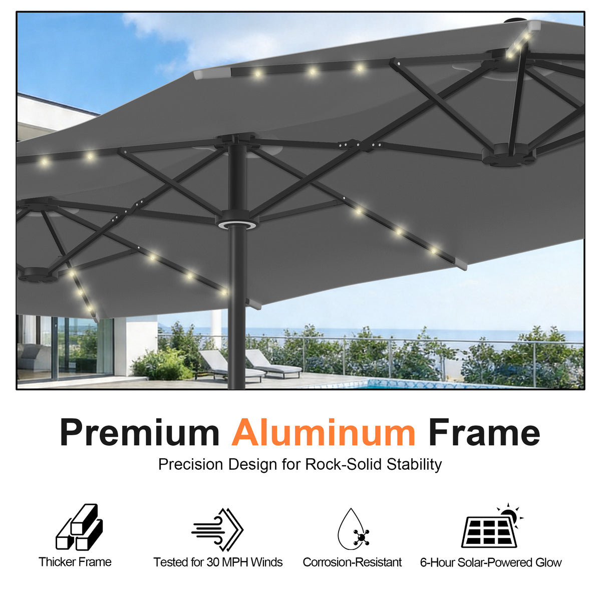 Ombrellone da giardino motorizzato 2,7×4,6 m con luci LED solari