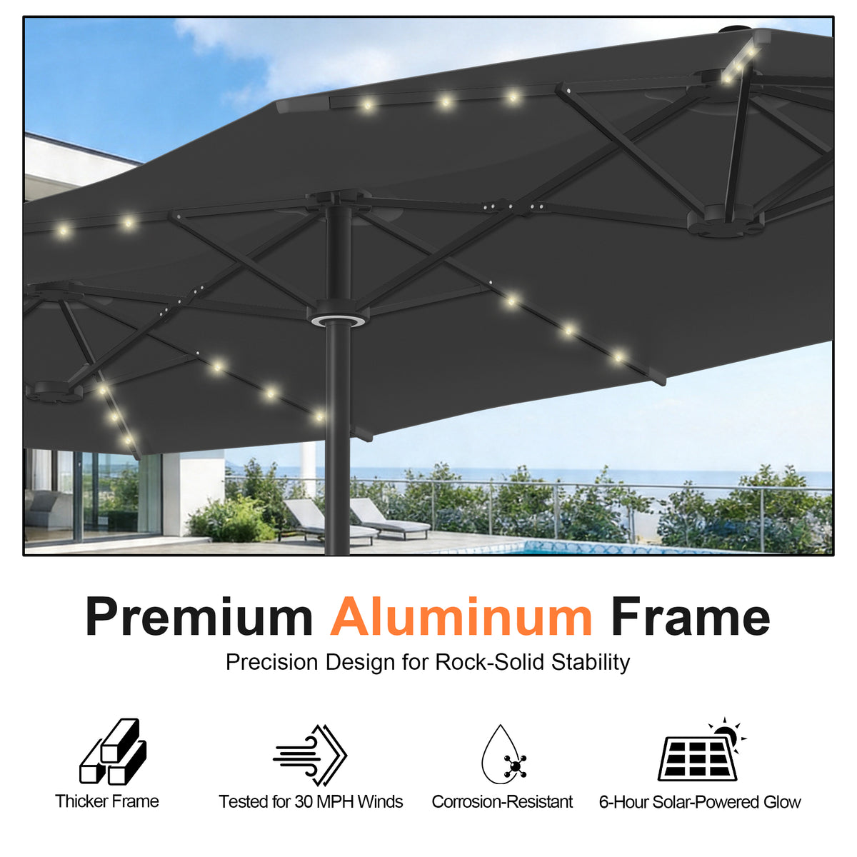 Ombrellone da giardino motorizzato 2,7×4,6 m con luci LED solari