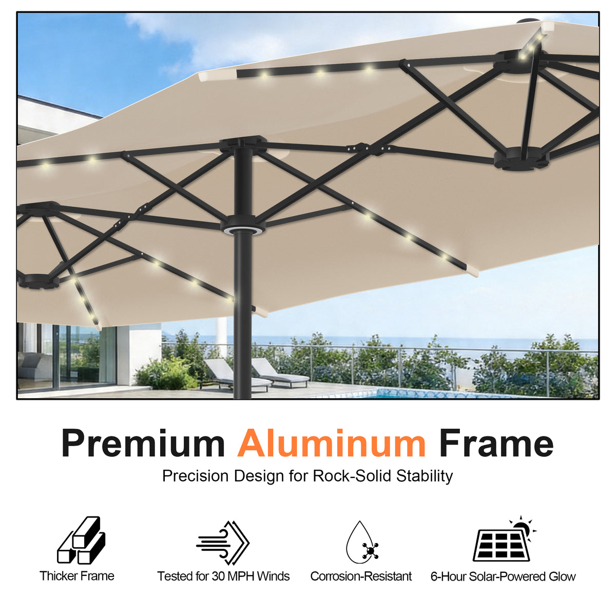 Ombrellone da giardino motorizzato 2,7×4,6 m con luci LED solari