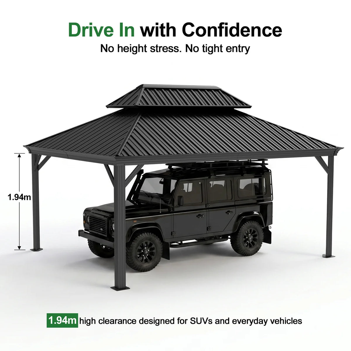 Carport in alluminio con tetto in acciaio per auto e veicoli